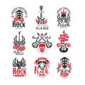 Collection of vintage rock music emblems. Original monochrome label for festival or record studio. Flat vector design Royalty Free Stock Photo