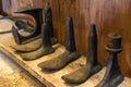 A collection of vintage shoe lasts used to hand manufacter footwear