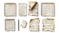Collection of vintage spiral notebooks and torn aged paper sheets isolated on white background Royalty Free Stock Photo