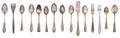 Collection vintage spoons, forks and knife isolated on a white background. Retro silverware Royalty Free Stock Photo