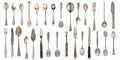 Collection vintage spoons, forks and knife isolated on a white background. Retro silverware Royalty Free Stock Photo