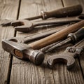 A rusty hammer adjustable wrench screwdriver and pliers all with wooden Royalty Free Stock Photo