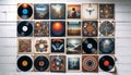 Collection of vintage vinyl records with album covers. Classic LPs displayed, showcasing music history. Concept of vinyl Royalty Free Stock Photo