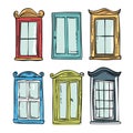 Collection vintage windows handdrawn doodle style. Colorful window frames, classic architectural