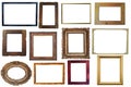 Collection of vintage wooden and golden empty frames isolated on white background Royalty Free Stock Photo