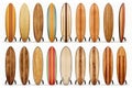 Collection of vintage wooden longboard surfboard isolated for object, retro styles. Isolated on White Background.