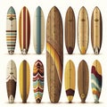 Collection of vintage wooden longboard surfboards, created with generative AI Royalty Free Stock Photo