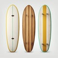 Collection of vintage wooden longboard surfboards, created with generative AI