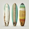 Collection of vintage wooden longboard surfboards, created with generative AI