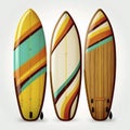 Collection of vintage wooden longboard surfboards, created with generative AI