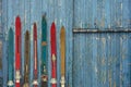 Collection of vintage wooden weathered ski's