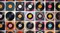 Collection of vinyl records. Assortment of vinyl LPs. Top view. Background. Concept of music diversity, vintage