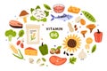 Collection of vitamin B6 food, sources. Nuts, mushrooms, fish and meat, vegetables, eggs, cereals. Dietetic products