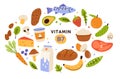 Collection of vitamin B7 source. Food containing biotin. Fish and meat, dairy products, fruits and vegetables. Dietetic