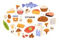 Collection of vitamin B2 sources. Food containing riboflavin. Cottage cheese, mushrooms, fish, dairy products, nuts