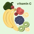 Collection of vitamin C sources. Fruits and vegetables enriched with ascorbic acid. Dietetic food