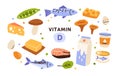 Collection of vitamin D sources. Food enriched with cholecalciferol. Dairy products, fish, mushrooms and eggs. Dietetic