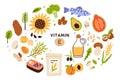 Collection of vitamin E sources. Balanced wholesome food. Fruits, vegetables, nuts, oil and fish. Dietetics products