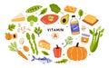 Collection of vitamin A sources. Healthy food containing carotene. Dairy products, greens, vegetable, fruits, fish