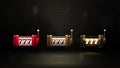 Collection of volumetric slot machines with jackpots isolated on dark background for your arts. Red, gold and black slot machines Royalty Free Stock Photo