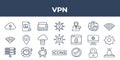 Vector art of set of vpn icons representing virtual private network, security, and internet connection isolated on white Royalty Free Stock Photo