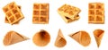 Collection of waffles and waffle cones for ice cream isolated on white Royalty Free Stock Photo