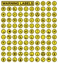 Collection of warning and safety signs. Set of safety and caution signs. Round yellow signs Royalty Free Stock Photo