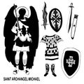 Collection of warrior and guardian St. Archangel Michael, armor, sword and chain mail. Vector illustration. Outline Royalty Free Stock Photo