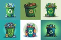 Collection of waste bin symbols. Icons of trash bins filled with different types of garbage, recycling and separate waste