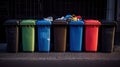 Collection of waste bins full of different types of garbage, recycling and separate waste collection concept, generative ai