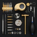 Of watch repair tools and components are neatly arranged on a Royalty Free Stock Photo