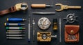 A collection of watchmaking tools and components arranged on a dark surface. Items Royalty Free Stock Photo