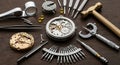 A collection of watchmaking tools and components arranged on a wooden surface. Royalty Free Stock Photo