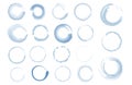 Collection of Watercolor circle, rings, dots from the bottom cup- real water paint on white paper in many strokes and Royalty Free Stock Photo