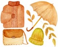 Collection of watercolor cozy autumn elements clothing. Hat, umbrella, sweater, bag, leaves isolated on white background