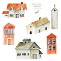 Collection of watercolor european ancient architecture, nordic houses