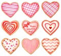 Collection of watercolor heart shaped cookies and candies decorated with glaze on white background for Valentine`s day designs Royalty Free Stock Photo