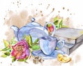 Collection of watercolor illustration on the theme tea.