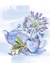 Collection of watercolor illustration on the theme tea.