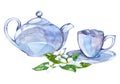 Collection of watercolor illustration on the theme tea. Cup and kettler