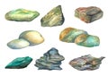 A collection of watercolor images of sea stones.