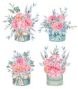 Collection of watercolor isolated gift boxes with pink beautiful roses, green leaves and branches