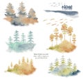 Collection of watercolor landscapes with foggy conifers, pine trees and firs Royalty Free Stock Photo