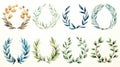 A collection of watercolor laurel wreaths against white backdrop