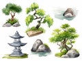 collection of watercolor nature clip art. Green trees, bonsai, stone lantern and rocks. Spiritual zen garden design elements,