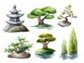 collection of watercolor nature clip art. Green trees, bonsai, stone lantern and rocks. Spiritual zen garden design elements,