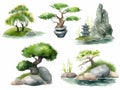 collection of watercolor nature clip art. Green trees, bonsai, stone lantern and rocks. Spiritual zen garden design elements,