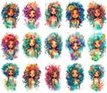 Collection of watercolor portraits of beautiful marine girls, cartoon illustration. Generative AI
