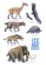 Collection of watercolor prehistoric animals isolated on a white background