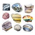 Collection of watercolor stones, illustration on white background.